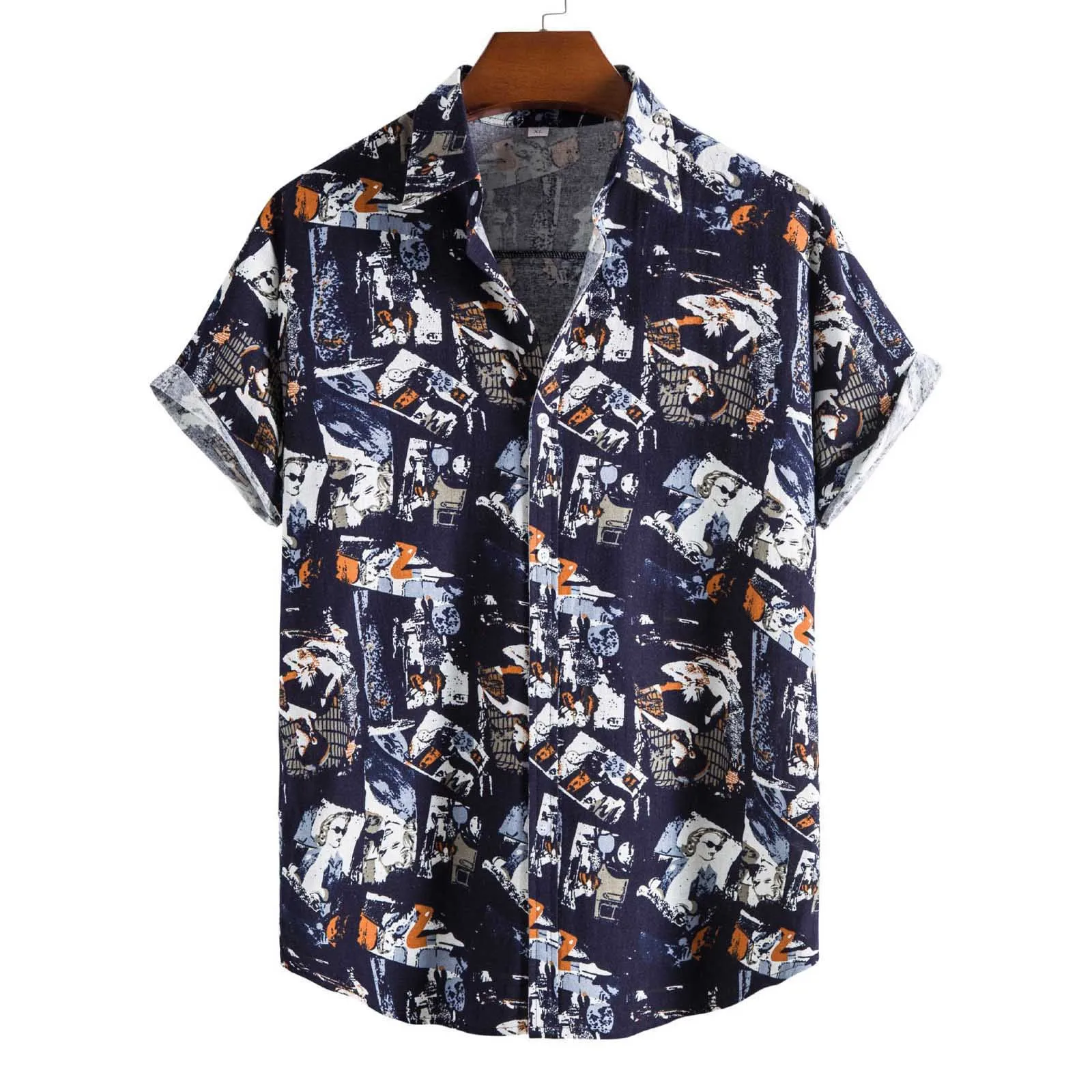 

Men's Lapel Summer Printed Short-sleeved Buttom Casual Blouse Shirt Men Shirts