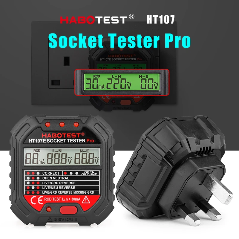 

HABOTEST Socket Tester Detector Outlet Plug AC Voltage Display RCD 30mA UK EU Ground Zero LIVE Wire Plug Polarity Phase Check