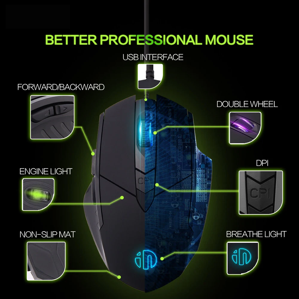 Игровая мышь inphic PW1 6 клавиш макро разрешение светящаяся Бесшумная 4000DPI
