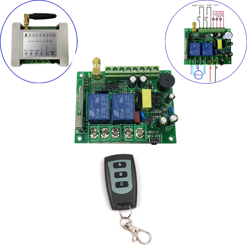 

Sleeplion 110V 220V 10A 2CH Motor Remote Control Switch Forwards Reverse Up Down Stop ON OFF Limited Switch 433MHz/315MHz