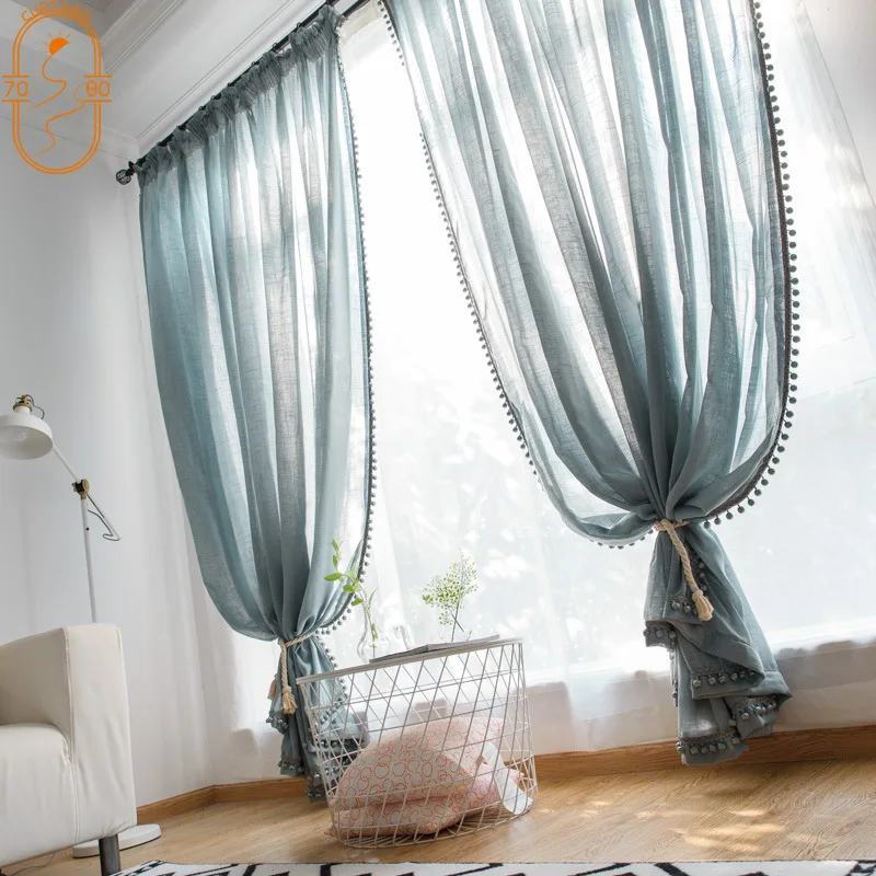 

American Retro Curtains Cotton and Linen Gauze Solid Color Screens Curtains for Living Room Bedroom Balcony Linen Gauze Curtain