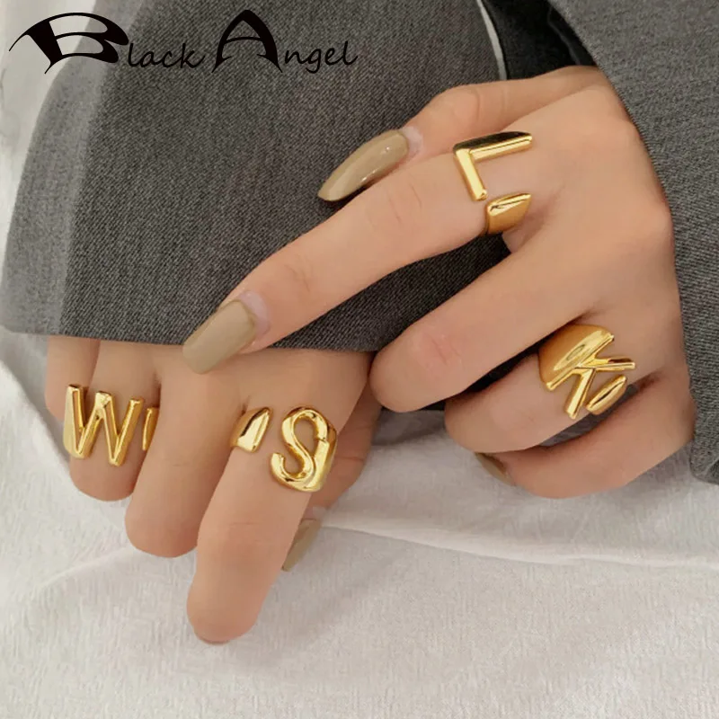 

BLACK ANGEL Fashion Vintage 26 English Letter Open Rings for Women Gold Plated Irregular 925 Sterling Silver Jewelry Party Gift