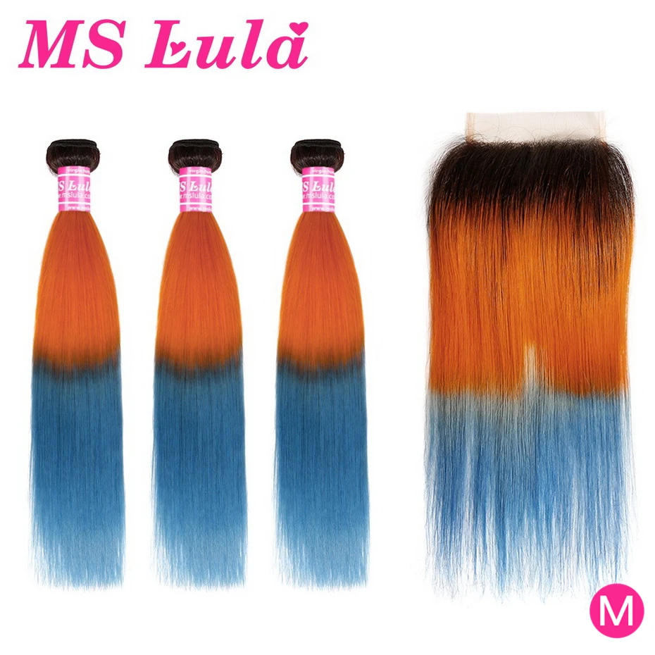 3 пряди бразильских волос с 4x4 закрытие MS Lula Ombre оранжевый и синий прямые волосы Remy
