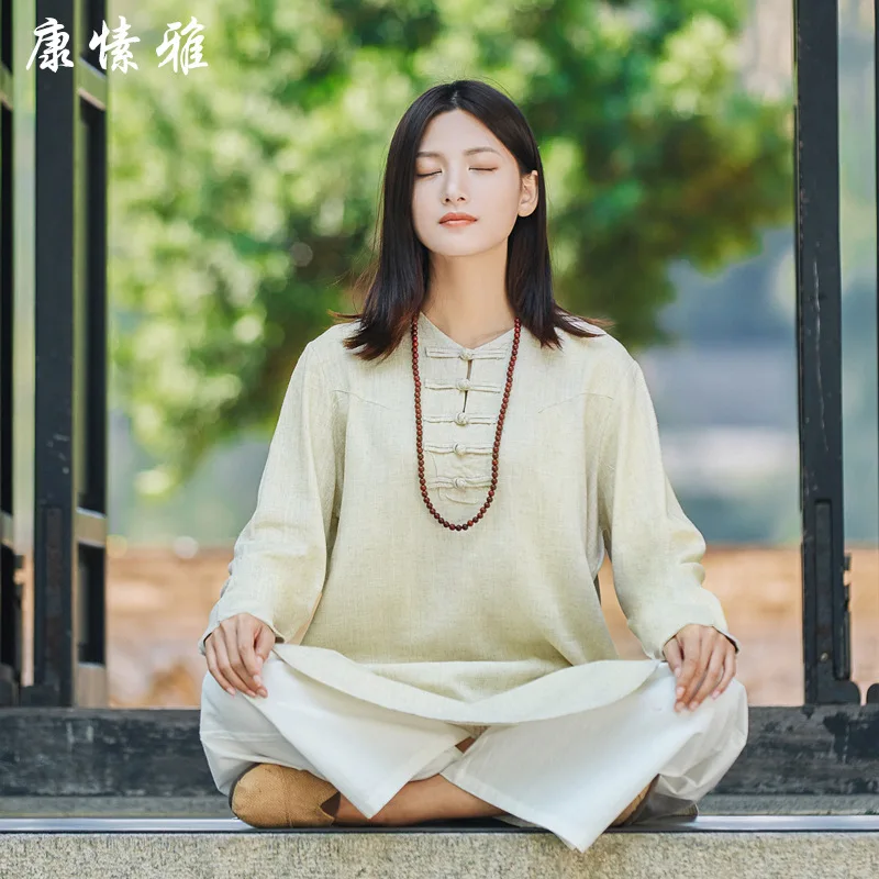 Autumn Women Yoga Set Cotton Linen Yoga Shirts Wide Leg Loose Yoga Pants Meditation Tai Chi Uniforms Kungfu Martial Arts Clothes