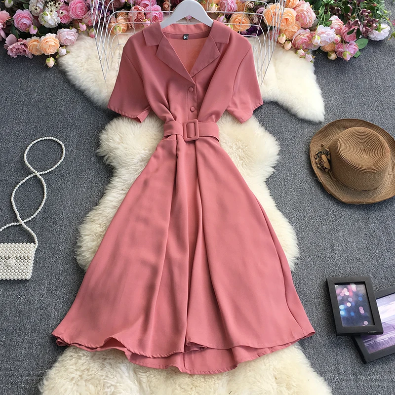 

fashion temperament show thin suit collar dress accept waist of platycodon grandiflorum skirt teamed with short sleeves