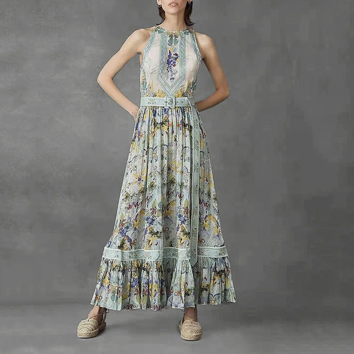 European and American tide brand 2021 spring and summer fashion style round collar sleeveless strap-down waist print dress