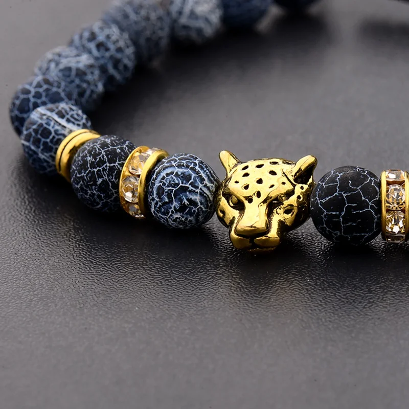 

Weathering Stone Leopard Head Beaded Bracelets For Men Natural Stone Tiger Eye Onyx Lava Beads Braided Bracelet Dropshipping