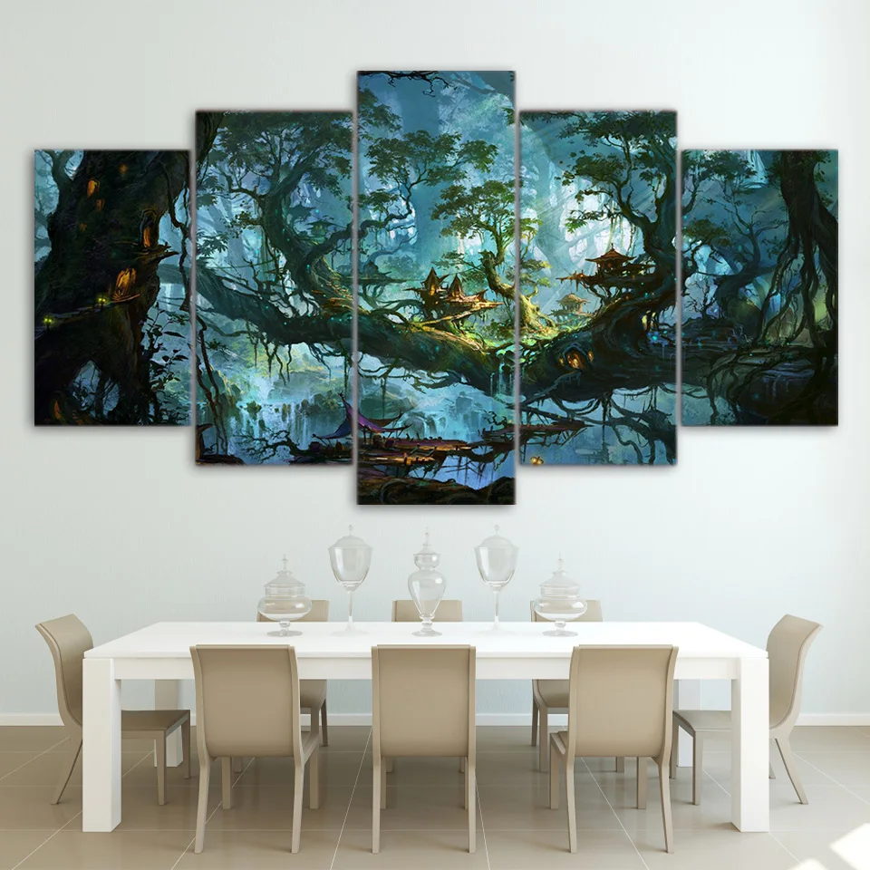 

No Framed Canvas 5 Pieces Fantasy Houses Magic Forest Night Wall Art Print Posters Pictures for Living Room Home Decor Paintings