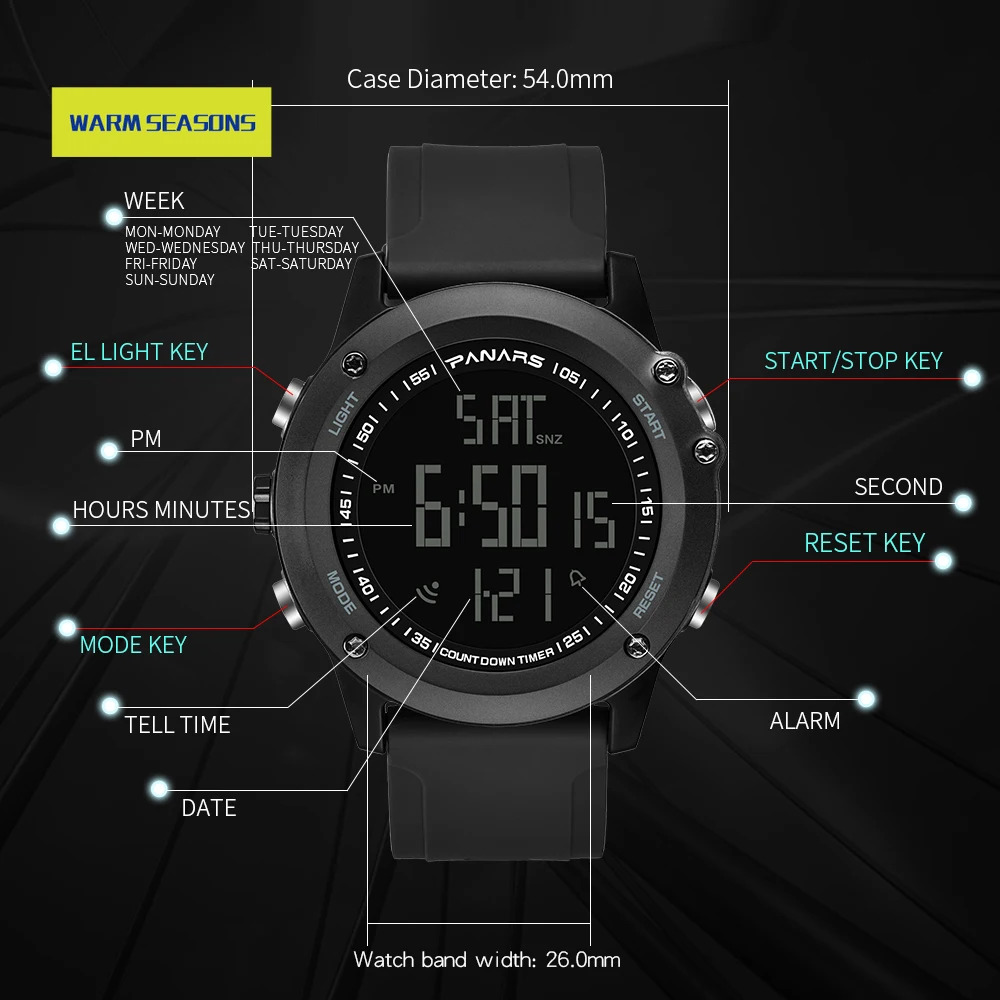 

Fashion Men Digital Watch Outdoor Sports LED Alarm Clock Wrist Watch Waterproof Dual Time Relogio Masculino