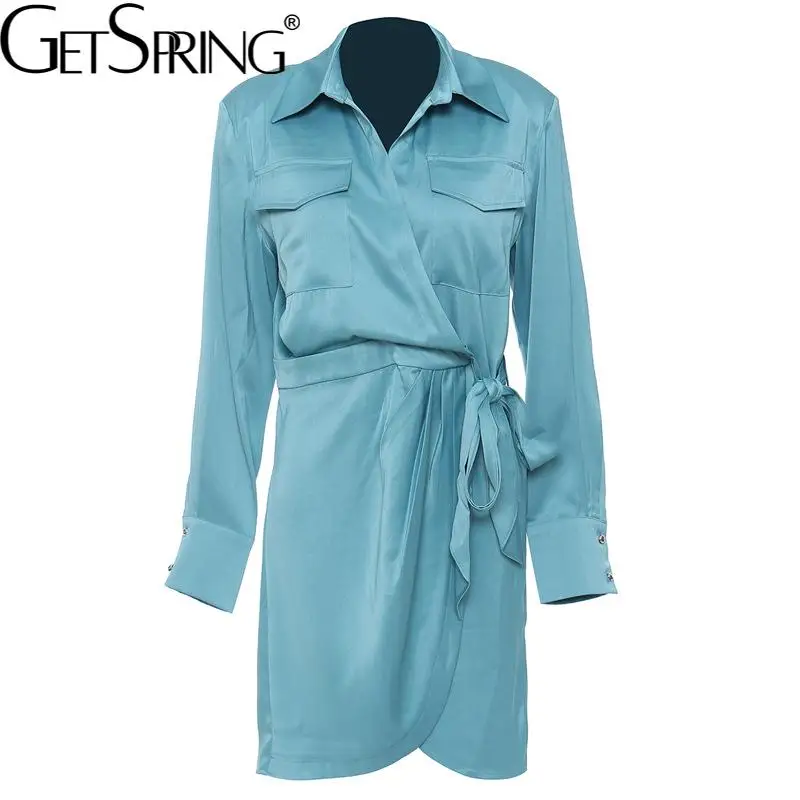 

GetSpring женское платье темпераментное атласное платье с длинным рукавом на шнуровке свободные женские осенние платья-рубашки Прямая поставк...