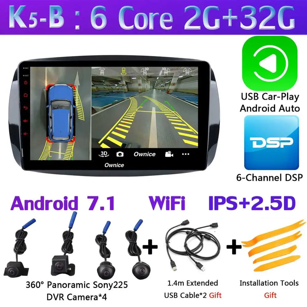 K5-B-CarPlay 360 ° камера 4G LTE Android 9,0 4G+ 64G SPDIF DSP CarPlay Автомобильный мультимедийный плеер для Mercedes Benz Smart Fortwo- gps радио - Цвет: K5-B-CarPlay