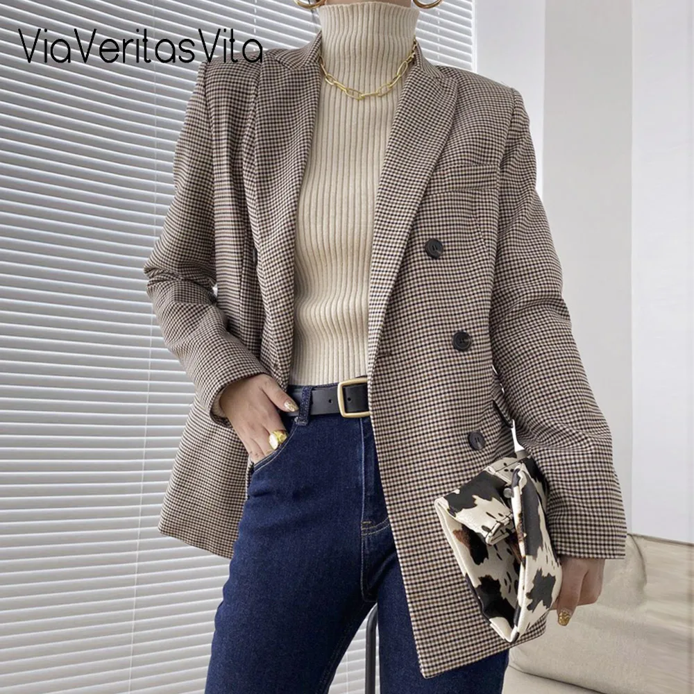 

Women Houndstooth Blazers Long Sleeve Double Breasted Blazer Coat Elegant Lady Office Plaid Blazers Jacket Autumn Zoravicky Fall