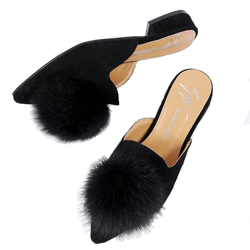 Мюли женские летние Осенние милые меховые шлепанцы квадратные искусственные