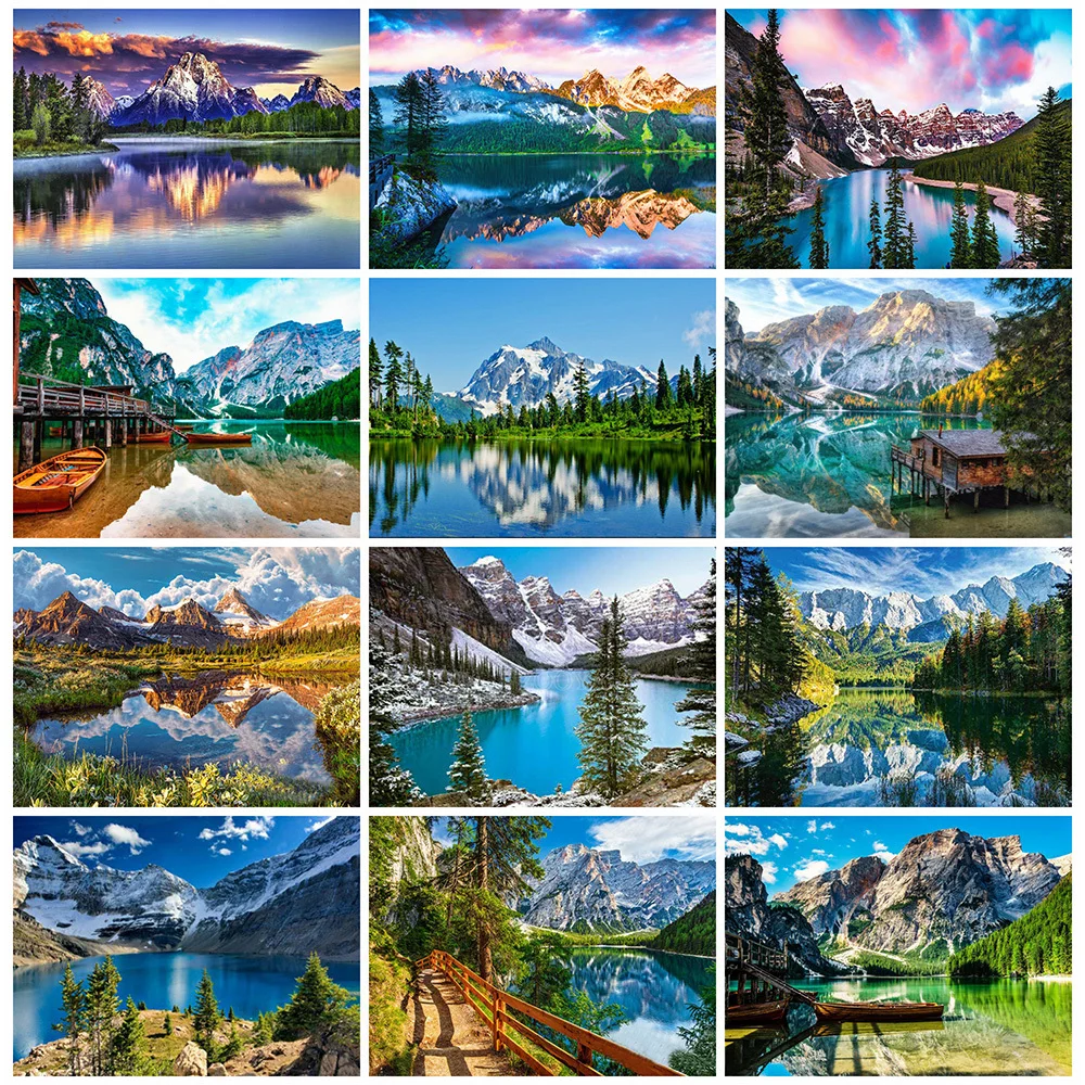 

MomoArt Diamond Mosaic Mountain Diamond Embroidery Scenery Lake Beaded Paintings Cross Stitch Picture Rhinestone Child Gift