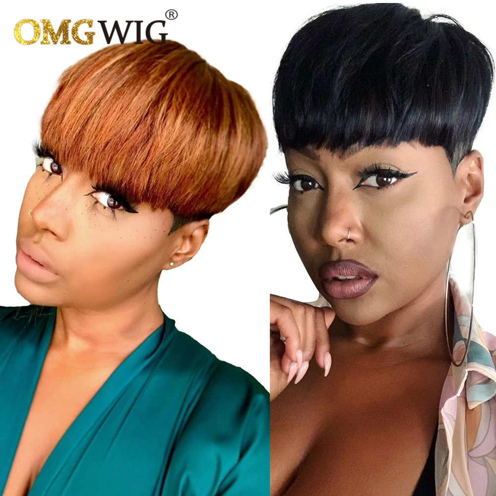 

Honey Blonde Burgundy 99J Ombre Color Short Bob Pixie Cut Wigs With Bangs For Black Women Cheap Human Hair Wig Full Machine Made