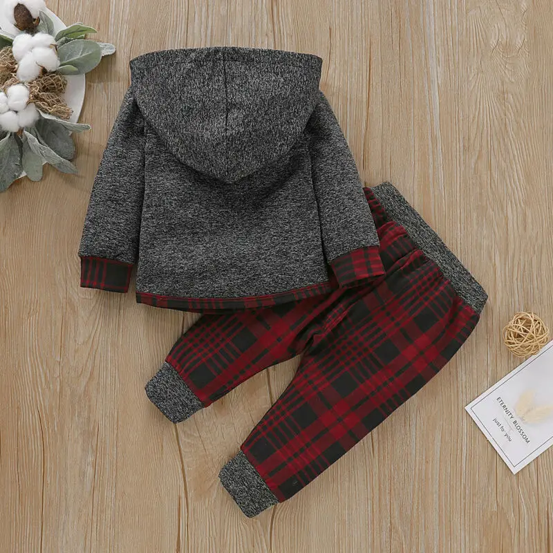

3-36M 2019 Newborn Baby Boy Girl Infant Clothes Autumn Winter Warm Hooded Tops+Pants 2PCS Set Outfits Plaid Baby 2pcs/Set