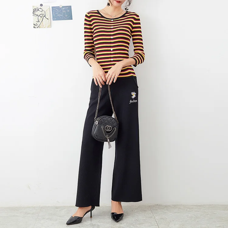 South Korea Dongdaemun 2020 Autumn New Sleeve Ice Silk Knitted Top Round Neck Colored Striped Wide Leg Pants