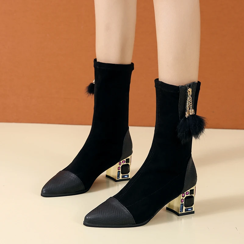 

Pointed Toe Short ANKLE Boots Women 2021 New Occident Sexy Stovepipe Suede Stretch Women's Boots Rhinestone High Heel Boots