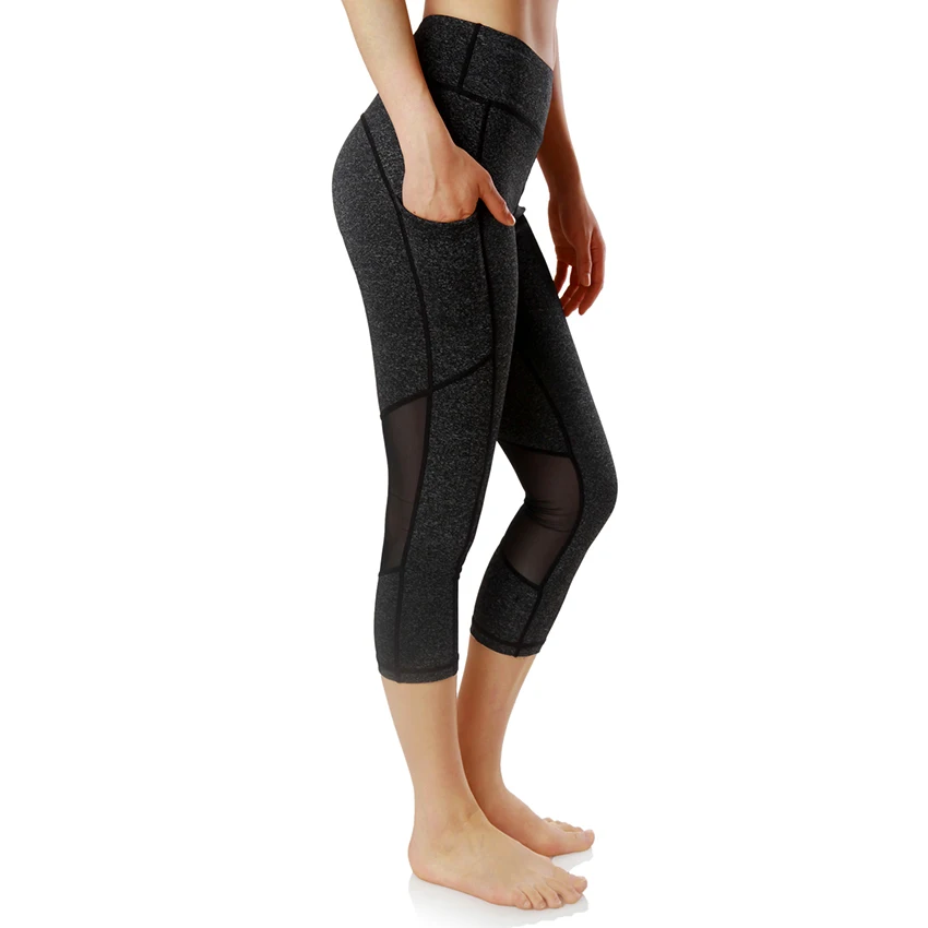 

LUKITAS Fitness Women Elastic Waist Quick Dry Sexy Mesh Slim Sport Yoga Running Tight Exercise Calf-Length Pant with Pocket