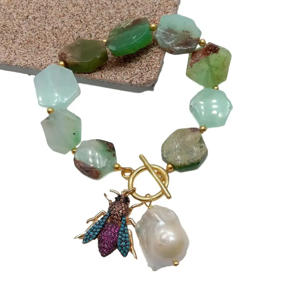 Y · YING Натуральный Зеленый Хризопраз Шестигранная Нить Браслет Кеши жемчуг Cz паве