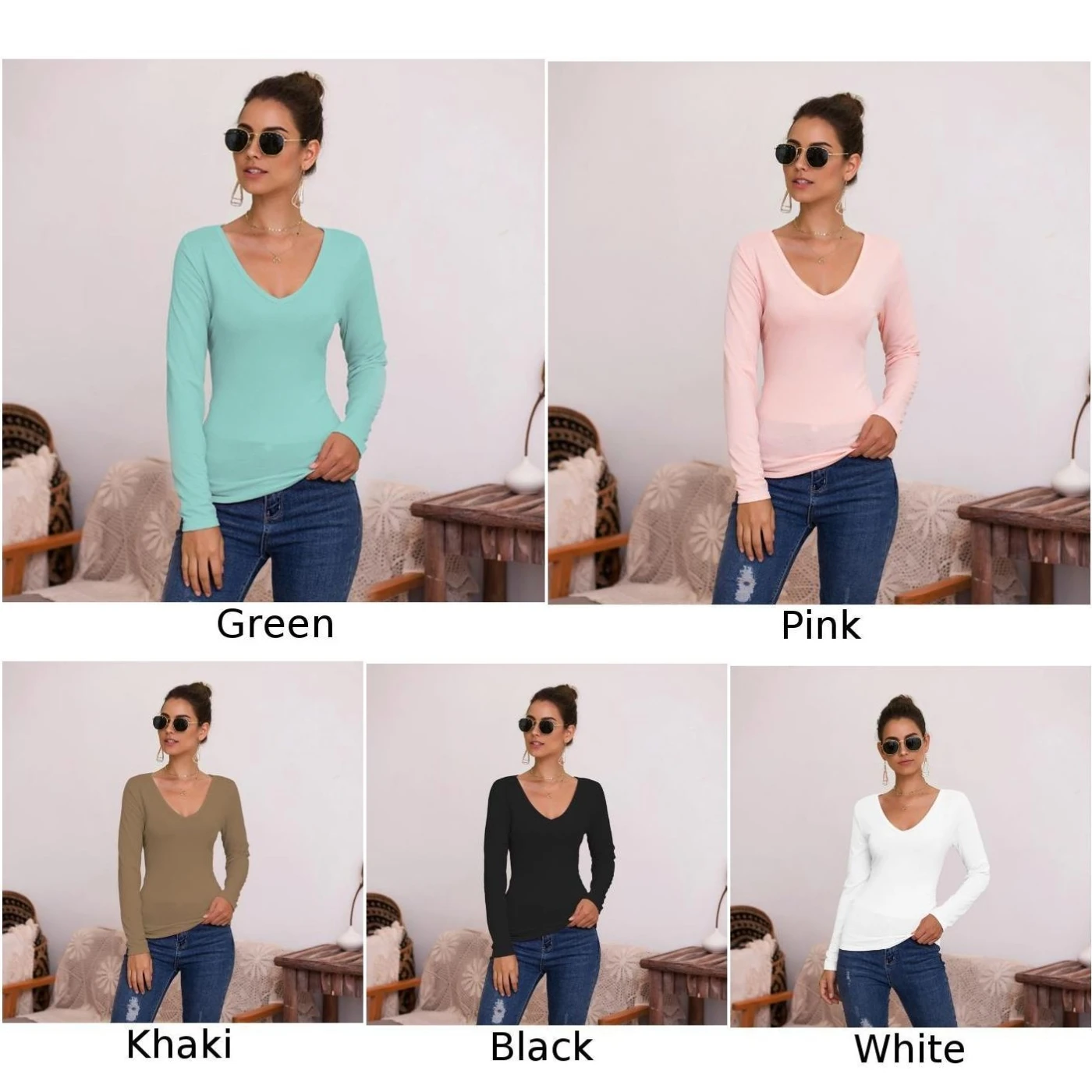 

Women V Neck Long Sleeve Tops Solid Casual tee Shirt Summer tops Beach Party Tee