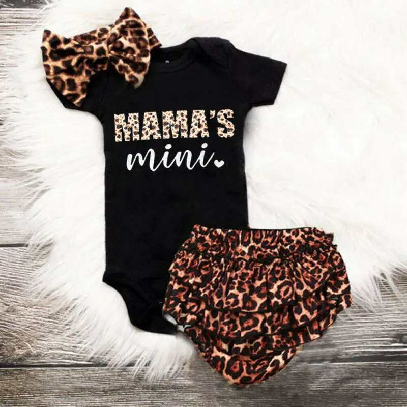 

CANIS Newborn Baby Girl Short Sleeve Letter Printed Bodysuit Ruffles Leopard Shorts Headband Summer 3PCS