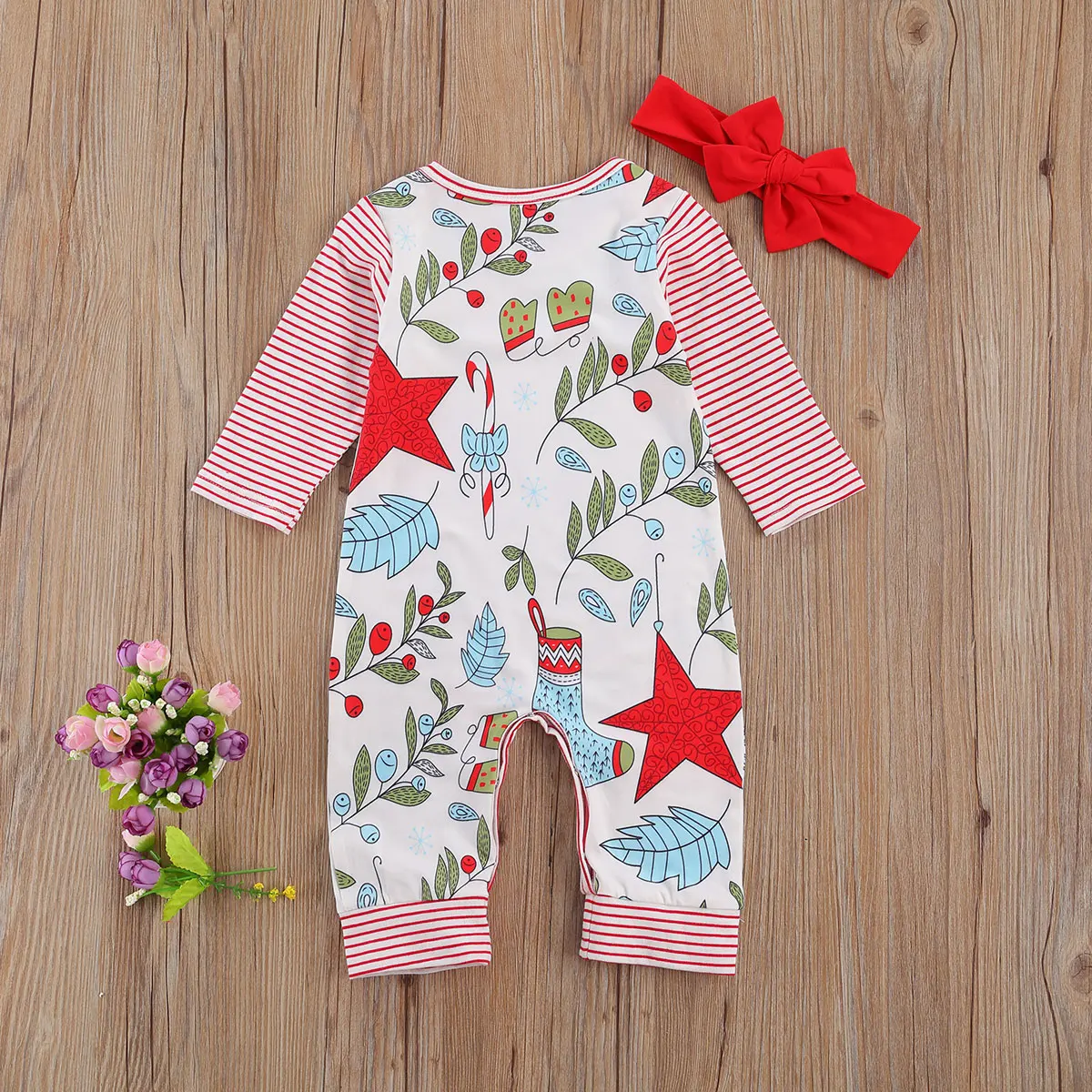 

2PCS Christmas Print Baby Boys Girls Romper Headband Long Sleeve O Neck Striped Newborn Infant Autumn Winter Rompers 0-12M