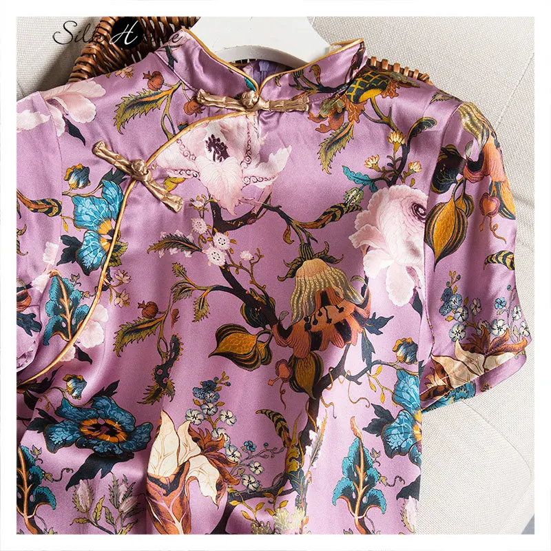

2021 spring/summer new purple gold flower Chinese modified thin A-word skirt silk silk cheongsam dress