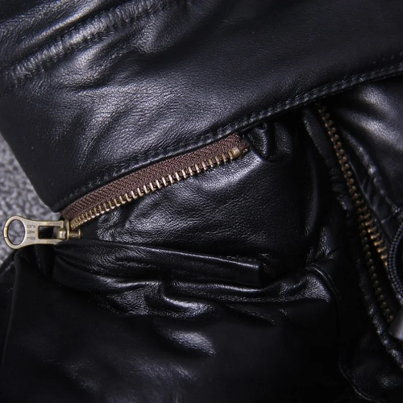 

Mens Slim Fit Thick Genuine Leather Hooded Jacket Streetwear Black Zip Sheepskin Real Leather Short Coat Winter Duck Down Jacket