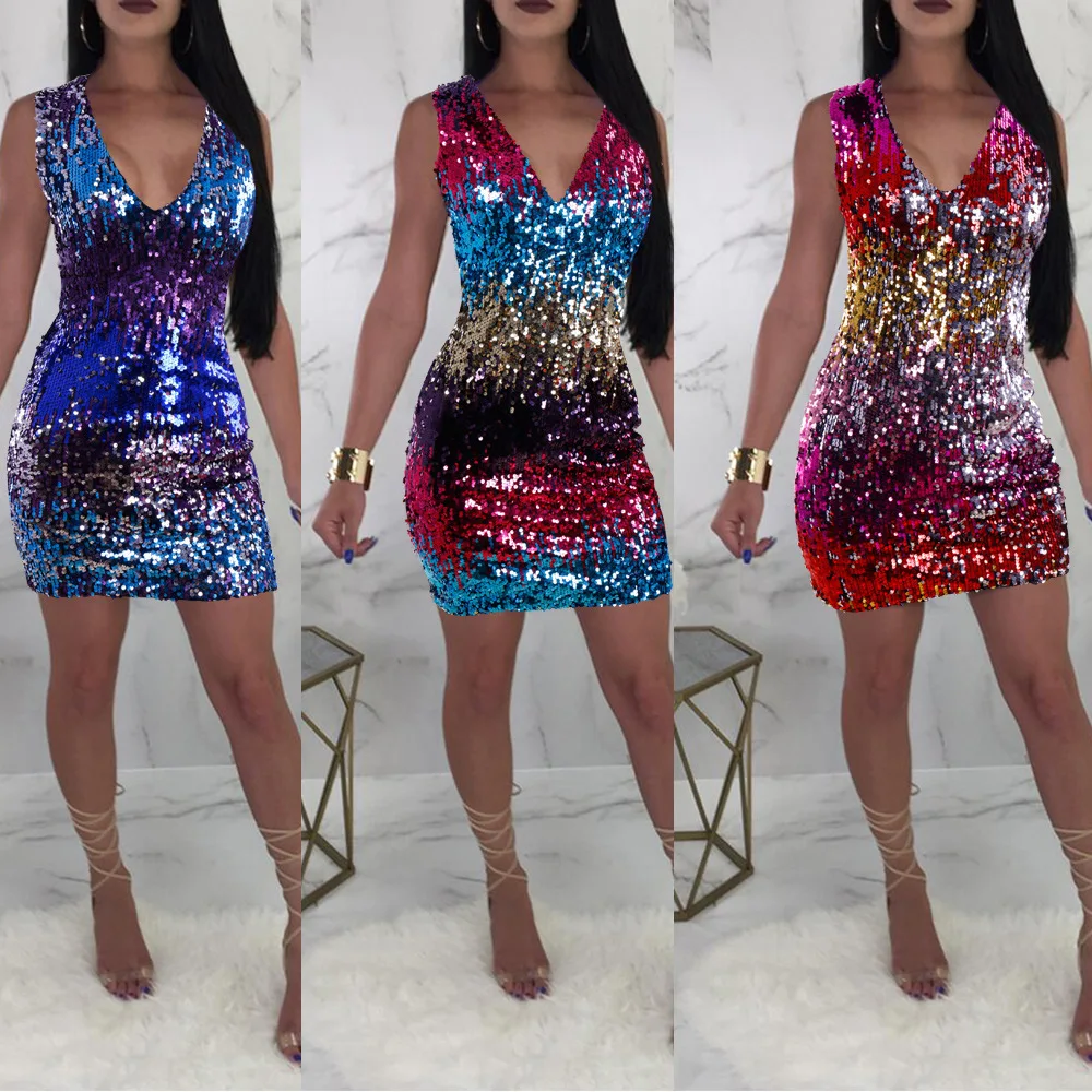 

Women Colorful Sequined Gradient Sexy V-Neck Dresses Package Hip Sleeveless Casual Bodycon Nightclub Mini Dress Outfit Vestidos