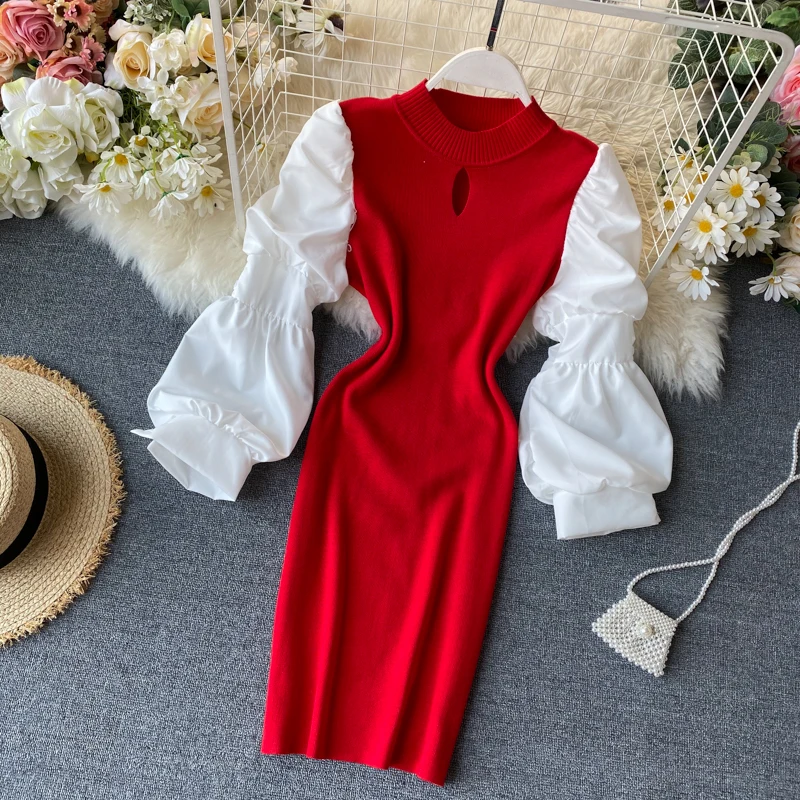 OCEANLOVE 2020 Striped Bodycon Party Dress Korean Sexy Knitted Patchwork Vestidos Spring Autumn Puff Sleeve Dresses Slim 13679 | Женская