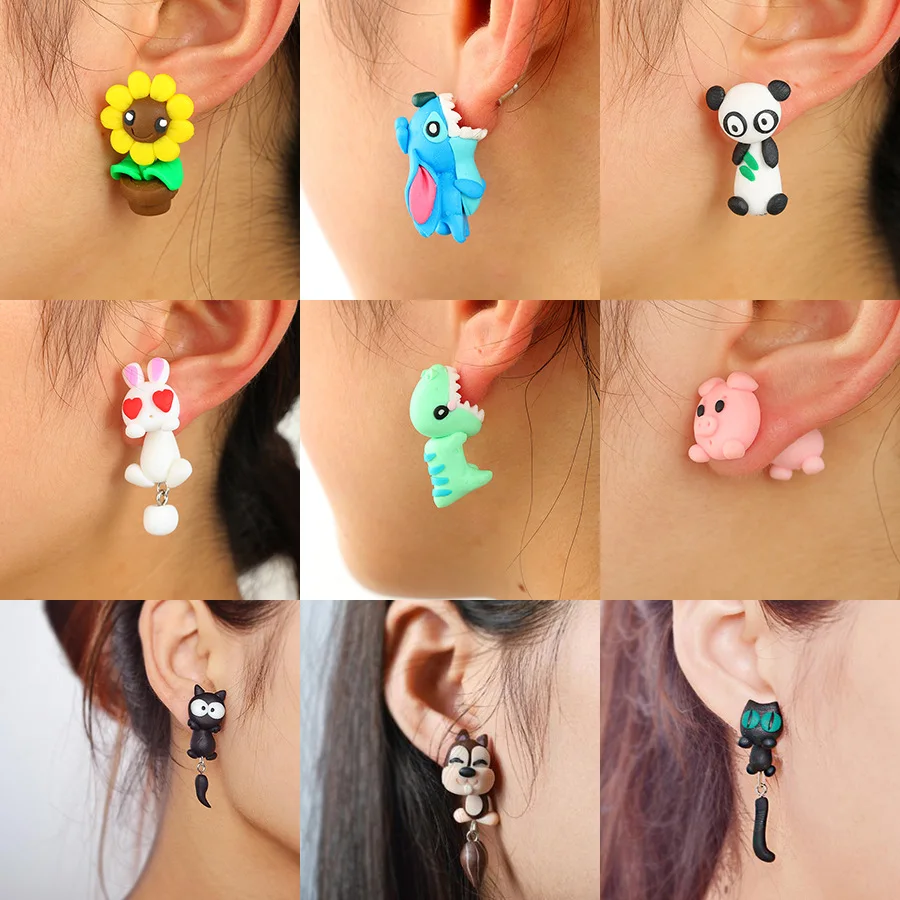 

1 Pair of Cute Cartoon Personality Animal Soft Clay Earrings Fashion Creative Female Handmade Earrings Girl Party Gift