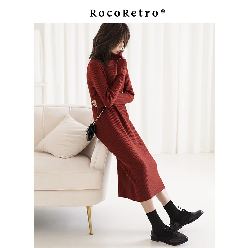 ROCO Ретро 2020 осень зима A/W Новая коллекция свободное вязаное платье с высоким