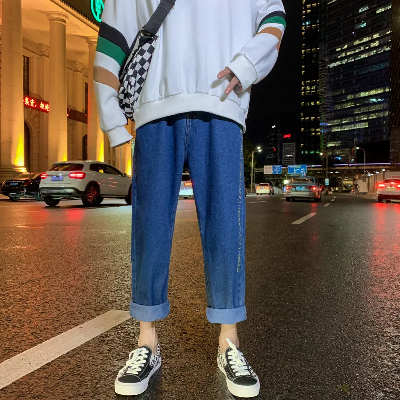 

Man Casual Jeans Loose Straight Big Pockets Denim Pant Male Casual Cuffs Printed Retro Straight Ankle Length Trousers