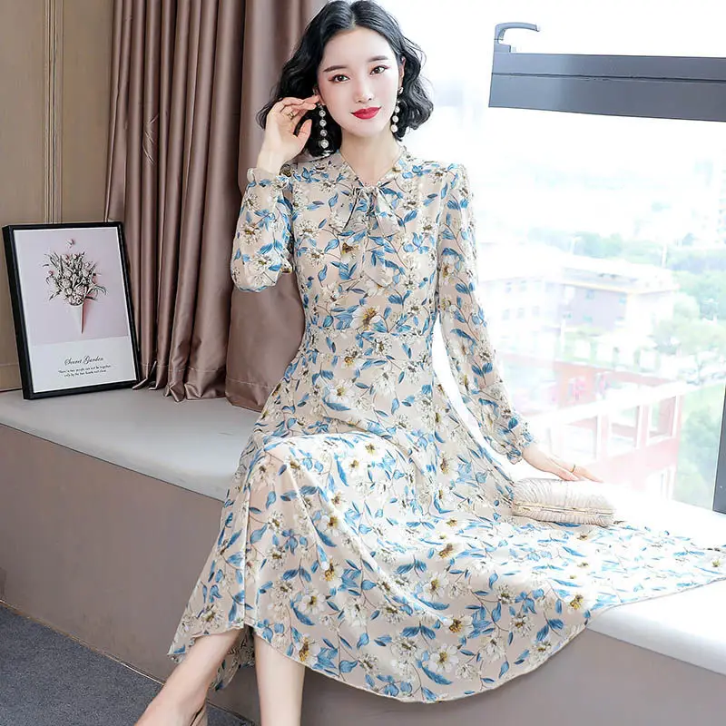 

Fashion Chiffon Dress 2021 Spring Summer Women Elegant Bow Collar Floral Print A-line Party Dresses Vestidos Plus Size 4XL