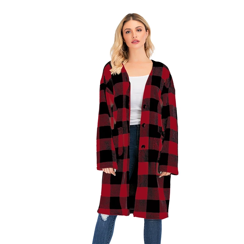 

Women Long Jacket Oversize Plaid Autumn Winter Coat Plus Size Long Knit Jacket Casual Outwear Black Cardigan Knitwear LQ-2537