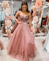 rose pink evening dress a line tulle elegant strapless sleeveless floor length beads crystal sweetheart neck prom dress %d0%bf%d0%bb%d0%b0%d1%82%d1%8c%d0%b5