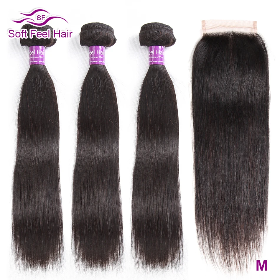 Soft Feel Hair Прямые пучки волос с бразильские волосы с закрытием пучки переплетения с закрытием Remy человеческие волосы пучки с закрытием