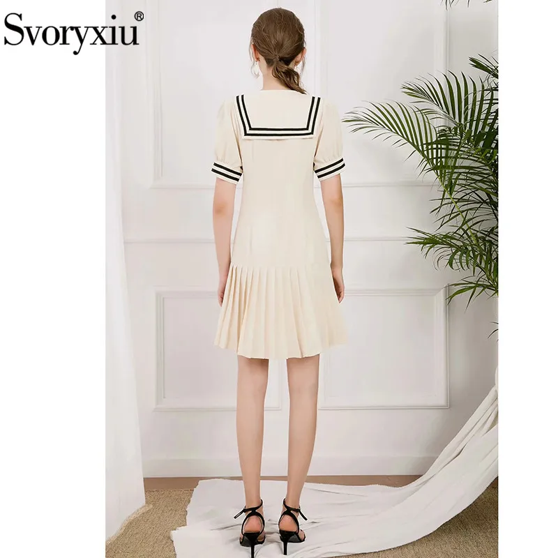 

Svoryxiu Designer 2021 Summer Ivory White Knee-Length Dress Lapel Bow Short Sleeve Solid Pleated Hem Elegant A-Line Dresses