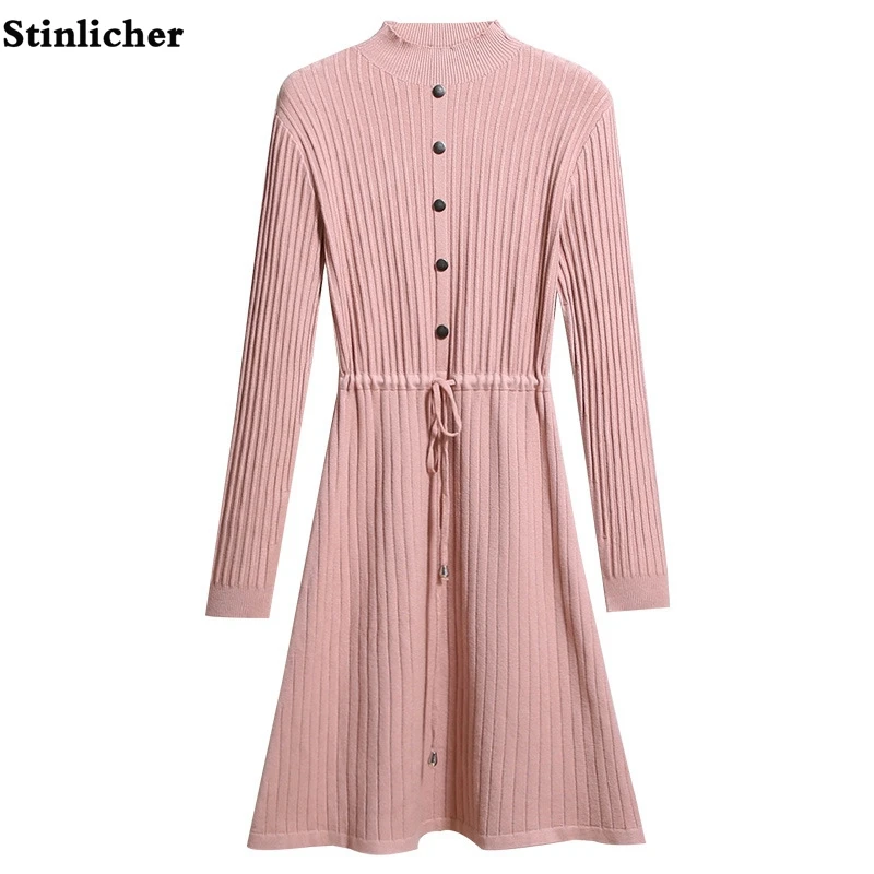 

Autumn Winter Drawstring Stripe Knit Dress Women Fashion Long Sleeve Half High Neck Elastic Midi Sweater Dresses Ladies Casual