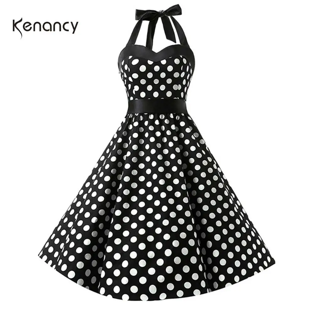 Женское винтажное платье Kenancy летнее в горошек с лямкой на шее и шнуровкой сзади