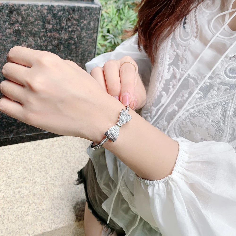 

Luomansi Bow Knot Cuff Bracelet S925 Sterling Silver Full Diamond Open Bracelet Fine Jewelry Wedding Party Jewelry Wholesale