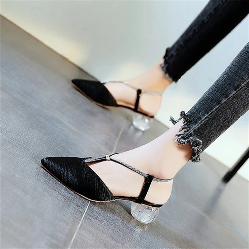 

Trend Black Silk Rhinestone Shallow Dress Shoes Korean Style Slip-On Pointed Hollow Out Modern Sandals Retro Womens Single Shoes