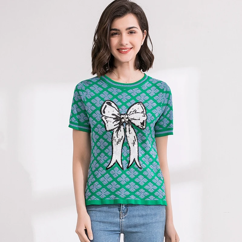 

2021 Summer T Shirt for Women Sequined Bow Four Leaf Clover Jacquard Knitted T-shirt O-neck Short Sleeve Tshirt Fashion Tops Tee