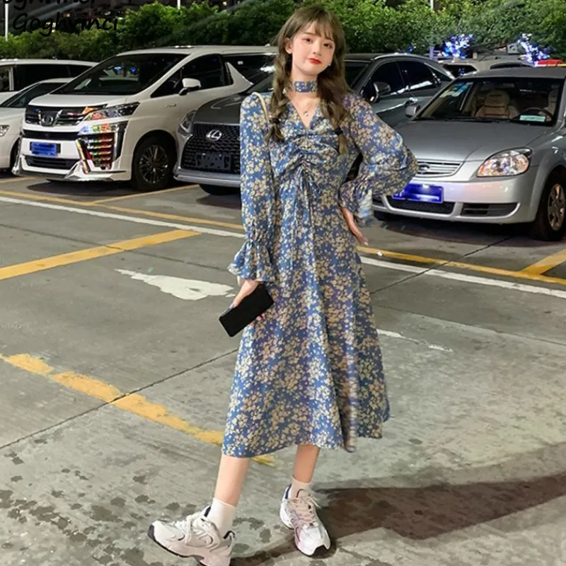 

Long Sleeve Dress Women Floral Print V-neck Empire Flare Korena Style Ulzzang Sweet Midi All-match Trendy Casual Plus Size 2XL