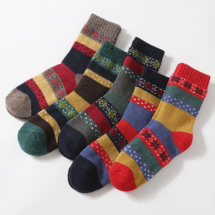 5 Pairs Winter Warm Women's Thicken Socks Thermal Wool Cashmere Snow Socks Girl Colorful National Cotton Socks Casual Harajuku