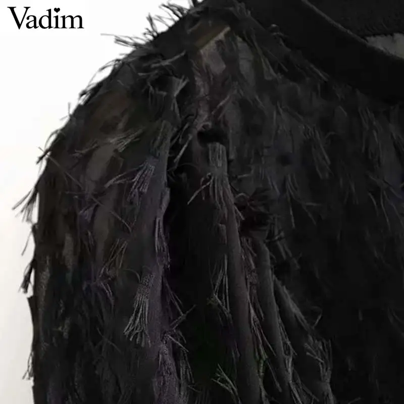 Vadim, Женская стильная Лоскутная Блузка с кисточками, прозрачные рубашки с длинным рукавом и круглым вырезом, женские прозрачные сексуальные топы, блузы LB622
