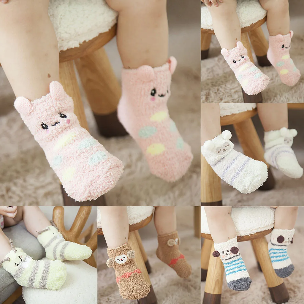 Детские Нескользящие вязаные теплые носки с объемным рисунком животных для