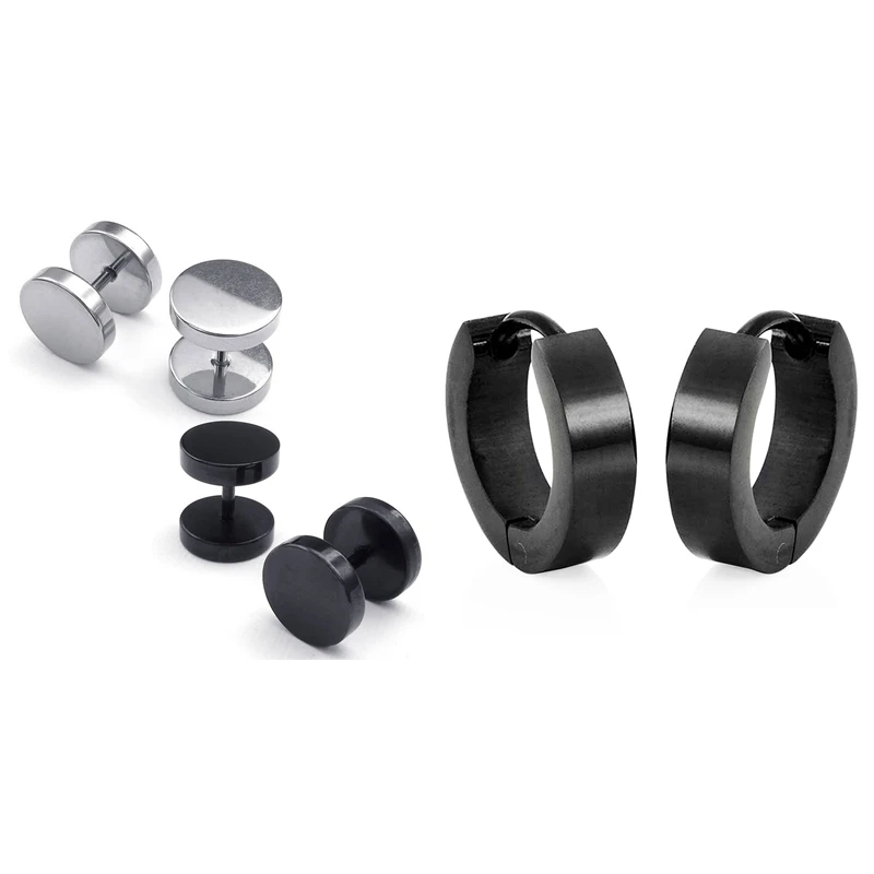 

6PCS Jewelry Men Earrings, Circle Ear Studs, Black Silver Color with Anti Allergy Titanium Steel Circle Round Earrings