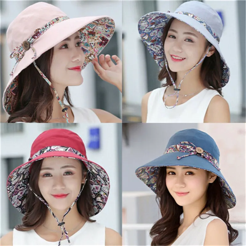 

Women Summer Big Wide Brim Cotton Beach Sun Hats Ladies Fashion Fedora Print Sun Hat Caps Outdoor Female Foldable Caps Holiday
